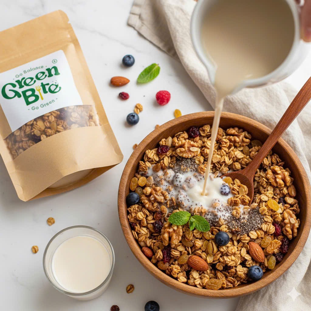 Granola giòn rụm kết hợp với sữa hạt dinh dưỡng